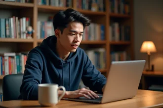 Jeune homme lisant des spoilers de manga One Piece sur son ordinateur portable dans un bureau à domicile entouré de volumes de manga