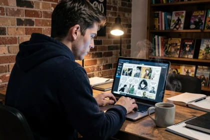 Homme lisant des scans de manga sur un ordinateur portable avec filtre de confidentialité dans un bureau à domicile discret