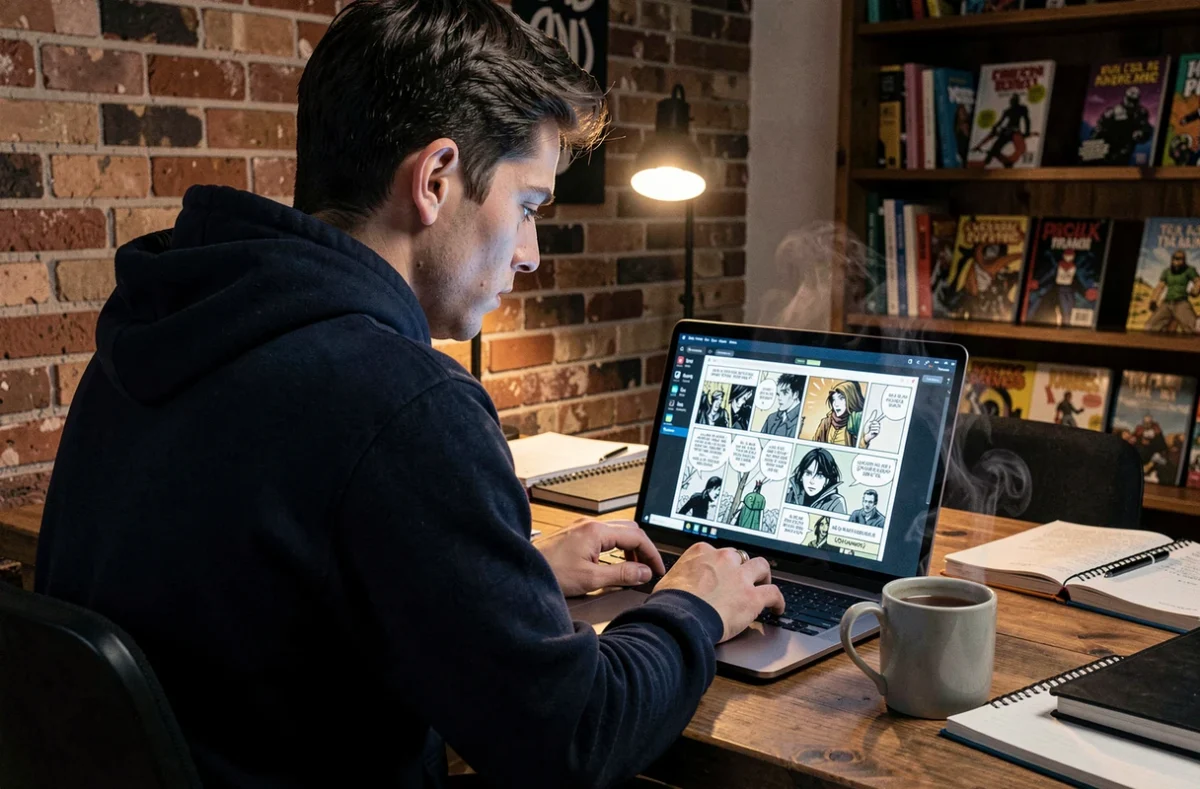 Homme lisant des scans de manga sur un ordinateur portable avec filtre de confidentialité dans un bureau à domicile discret