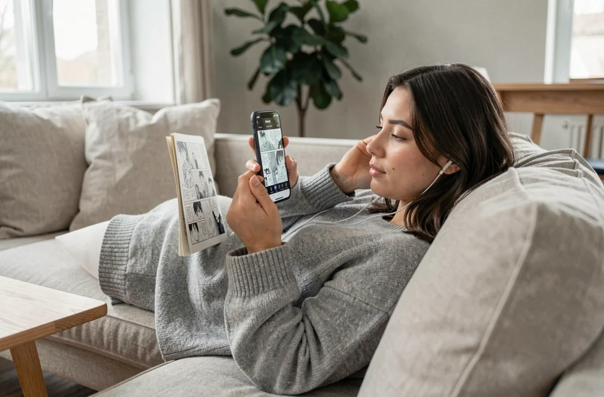 Femme lisant discrètement des scans manga sur smartphone allongée sur un canapé dans un appartement moderne