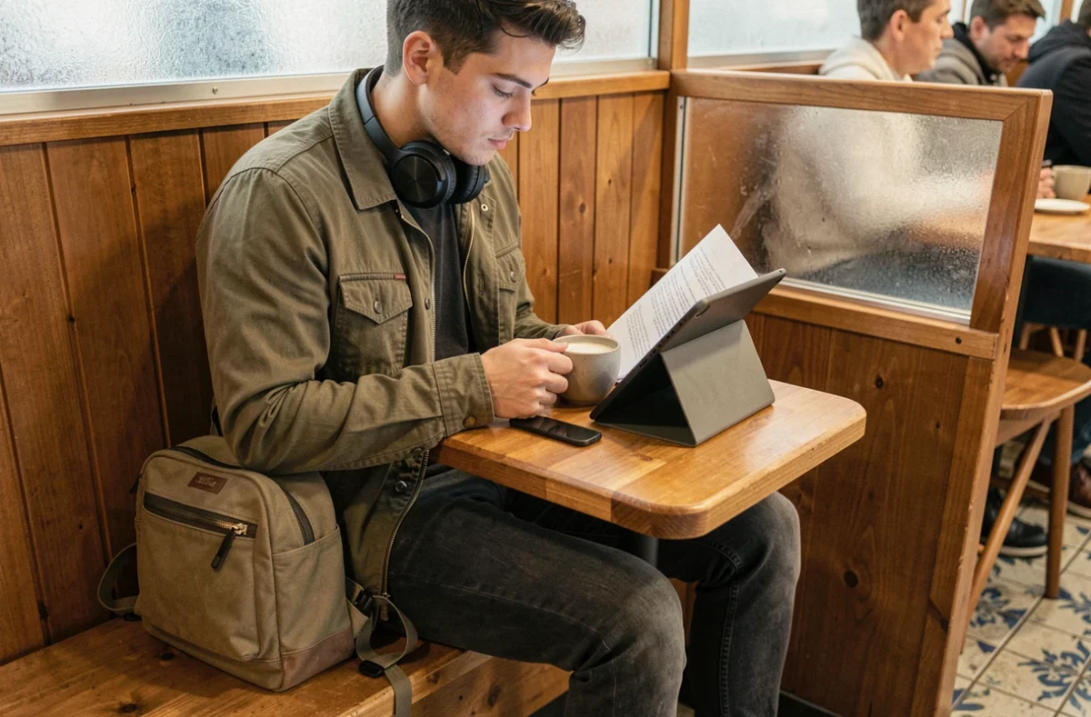 Personne lisant des scans sur tablette dans un coin discret de café avec cloisons en verre dépoli