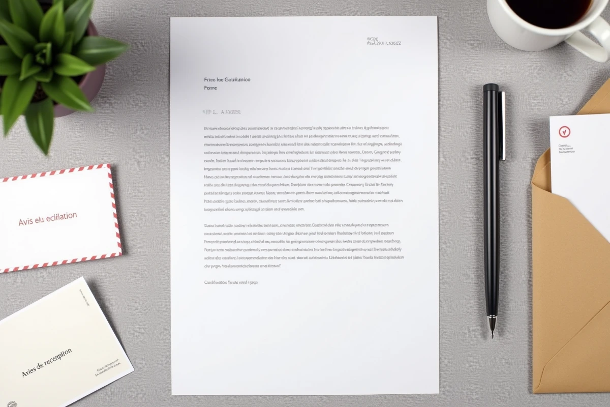 Vue aérienne d'une lettre recommandée imprimée avec accusé de réception et enveloppe kraft sur un bureau