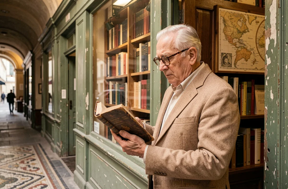 Librairie ancienne du Passage Vivienne avec un client inspectant un livre rare