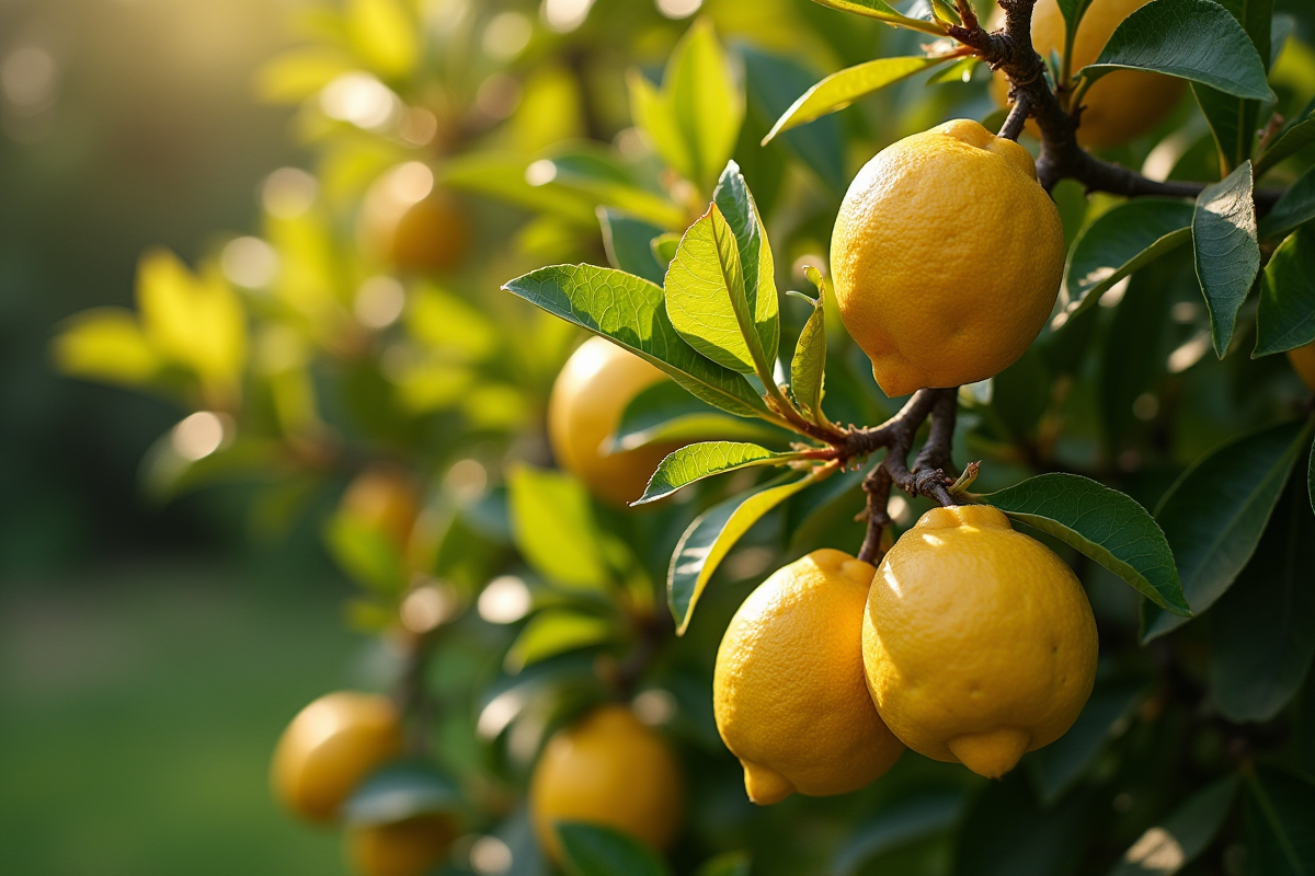 Branches de limonier avec feuilles jaunes et citrons dans le jardin