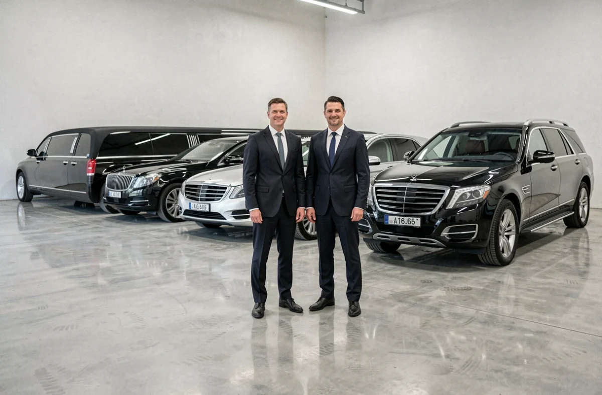 Deux chauffeurs en costume devant une flotte de véhicules de prestige incluant limousine et SUV dans un garage du Nord