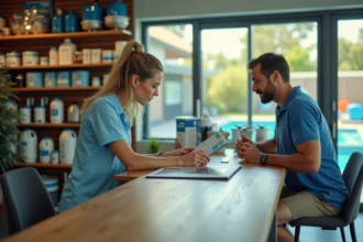 Conseillère en magasin de fournitures piscine aidant un client à comparer des équipements de piscine collective