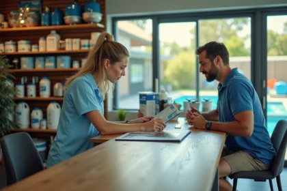 Conseillère en magasin de fournitures piscine aidant un client à comparer des équipements de piscine collective