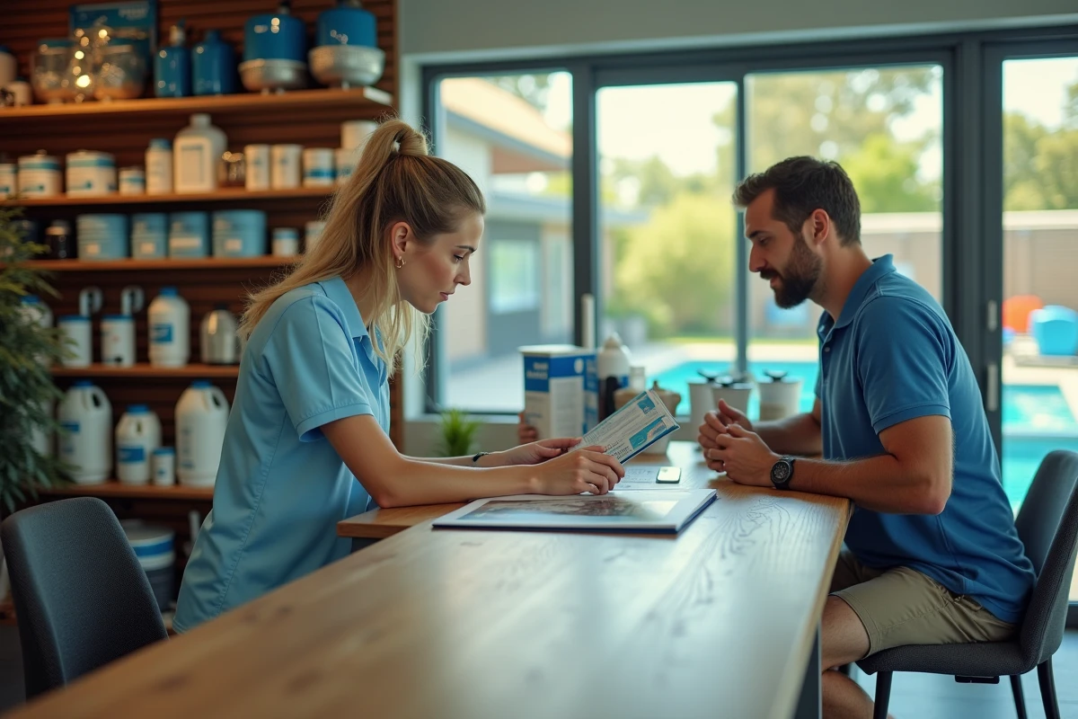 Conseillère en magasin de fournitures piscine aidant un client à comparer des équipements de piscine collective