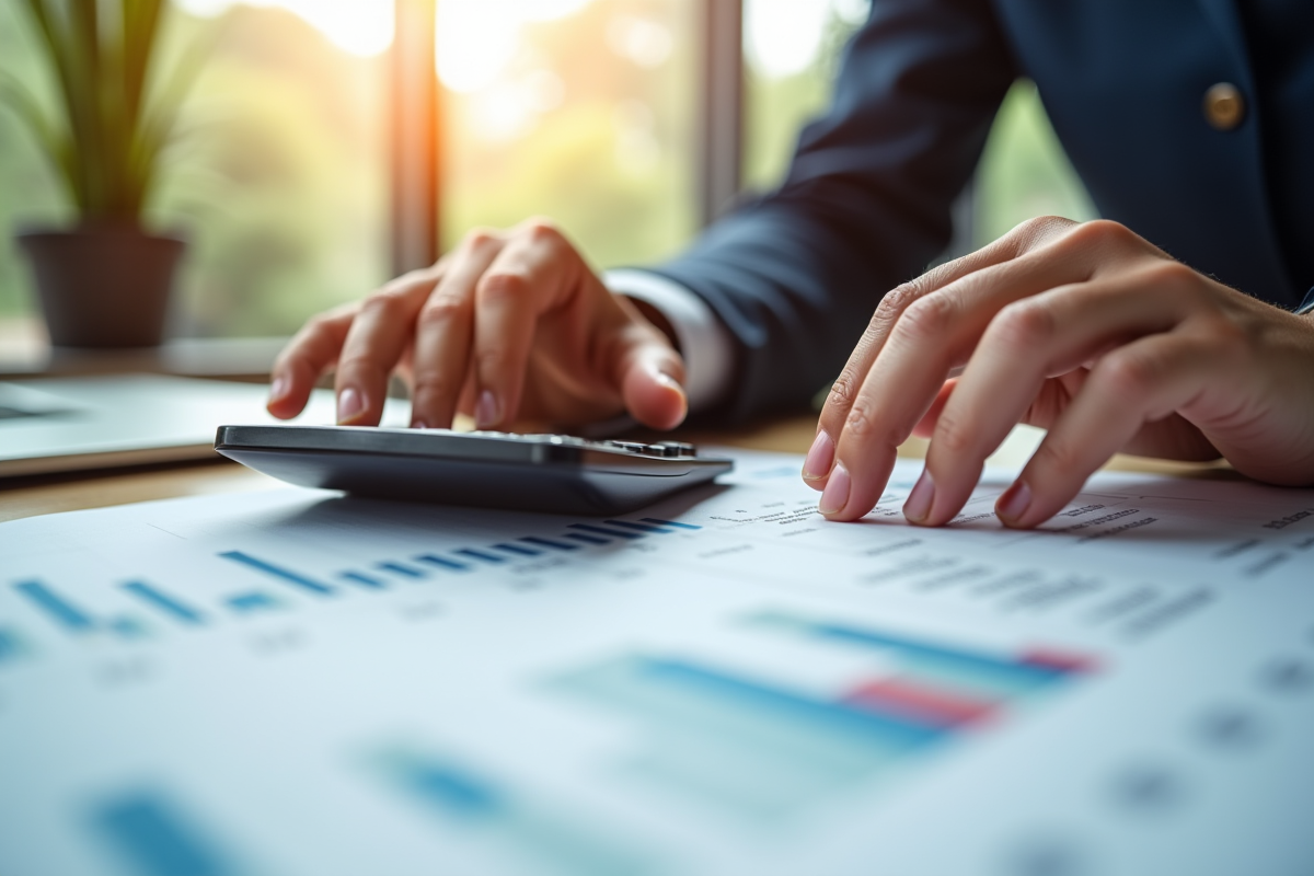 Main d un professionnel utilisant une calculatrice avec fiche de paie