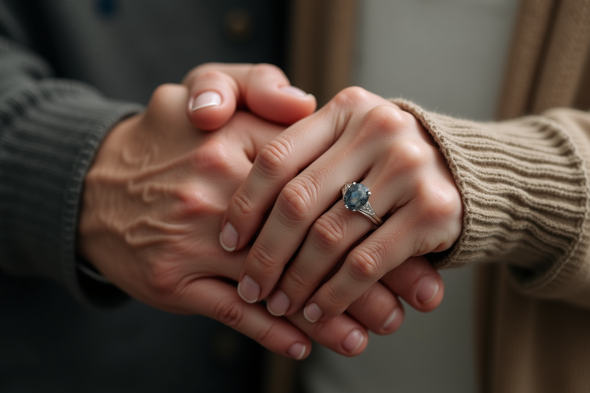 Mains âgées avec bagues de mariage en gros plan