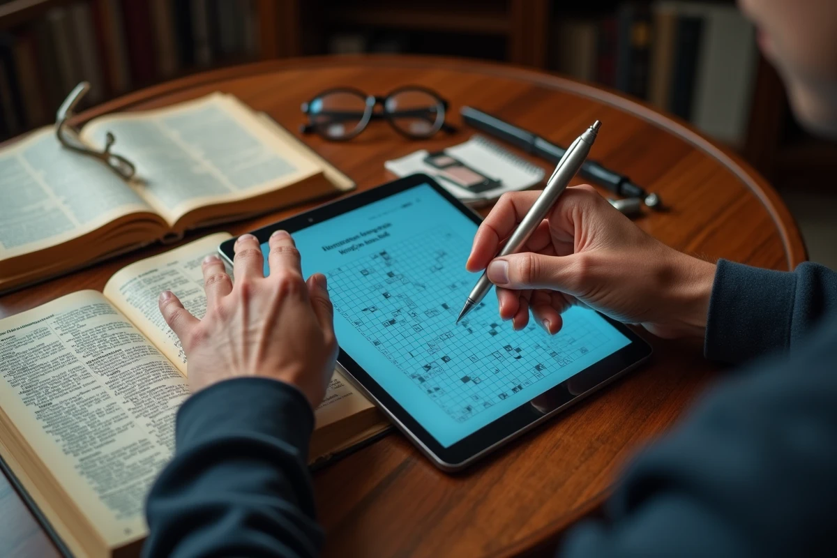 Gros plan de mains remplissant une grille de mots fléchés en ligne sur une tablette posée sur un bureau en bois