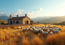 Ferme traditionnelle de Menorca entourée de champs dorés