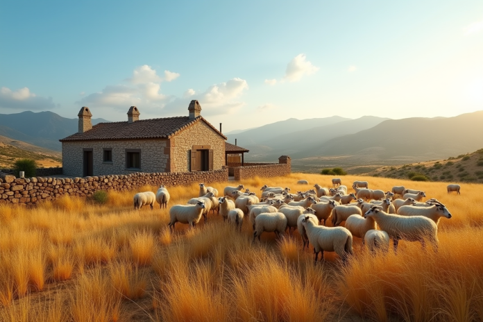 Ferme traditionnelle de Menorca entourée de champs dorés