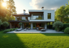 Vue aérienne d'une maison moderne avec grand jardin ensoleillé