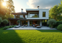 Vue aérienne d'une maison moderne avec grand jardin ensoleillé