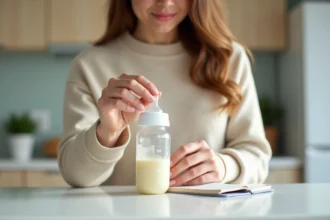 Jeune maman mesurant du lait en millilitres dans un biberon sur un plan de travail de cuisine moderne