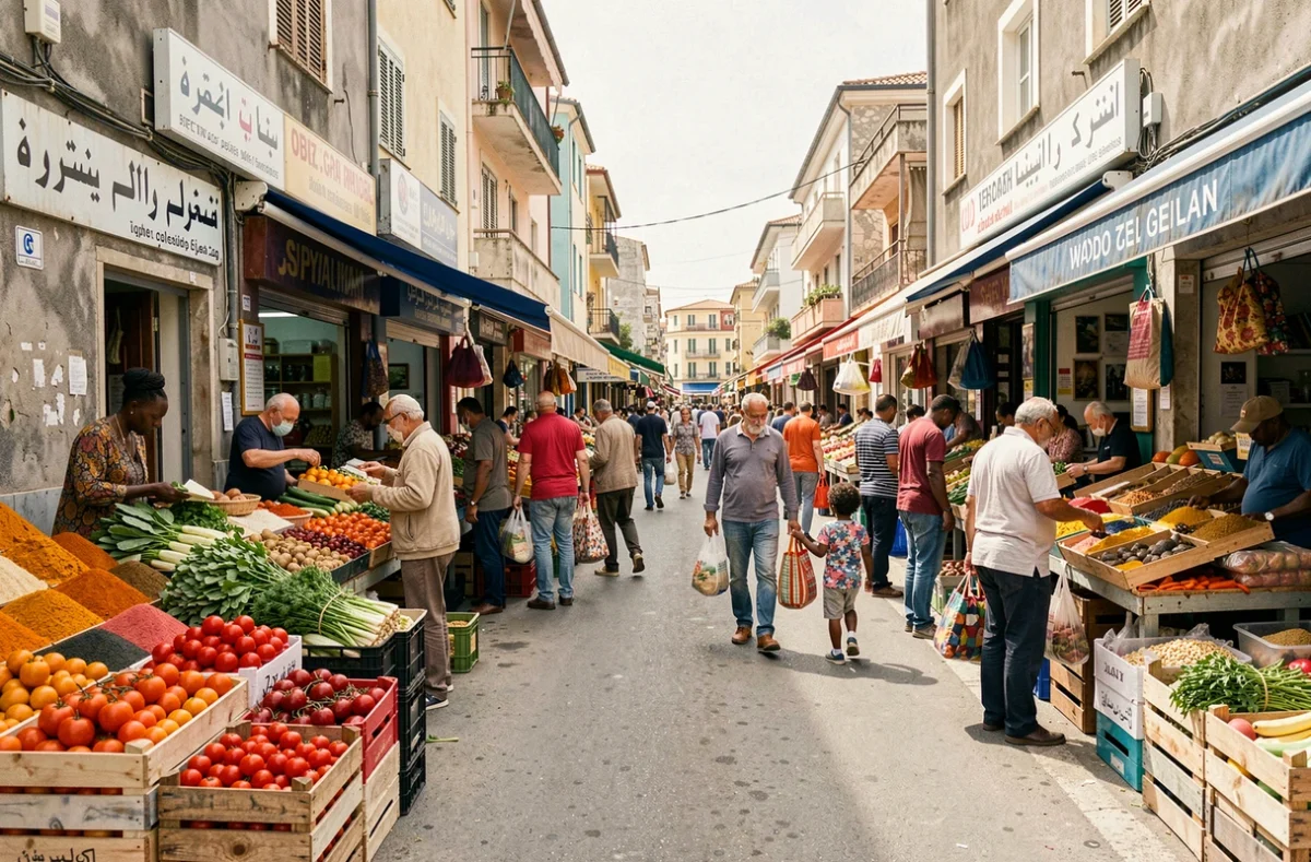 Marché de rue animé dans les quartiers nords de Marseille avec vendeurs et étals colorés reflétant la diversité culturelle du territoire