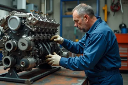 Mécanicien d'âge moyen inspectant un moteur diesel démonté