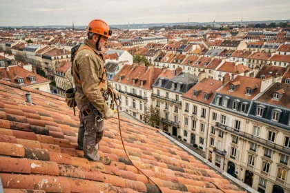 Couvreur professionnel debout sur un toit en tuiles à Lyon avec vue sur les toits du Rhône