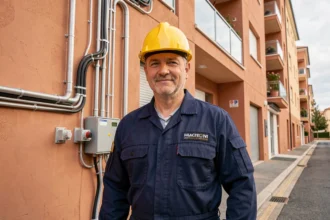 Un électricien professionnel devant un immeuble moderne de Montpellier, représentant les meilleurs électriciens de la ville