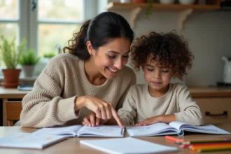 Mère aidant son fils aux devoirs de mathématiques à la table de cuisine avec cahiers et crayons de couleur