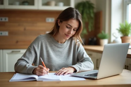 Mère organisant le planning scolaire semaine paire impaire dans un carnet sur la table de cuisine