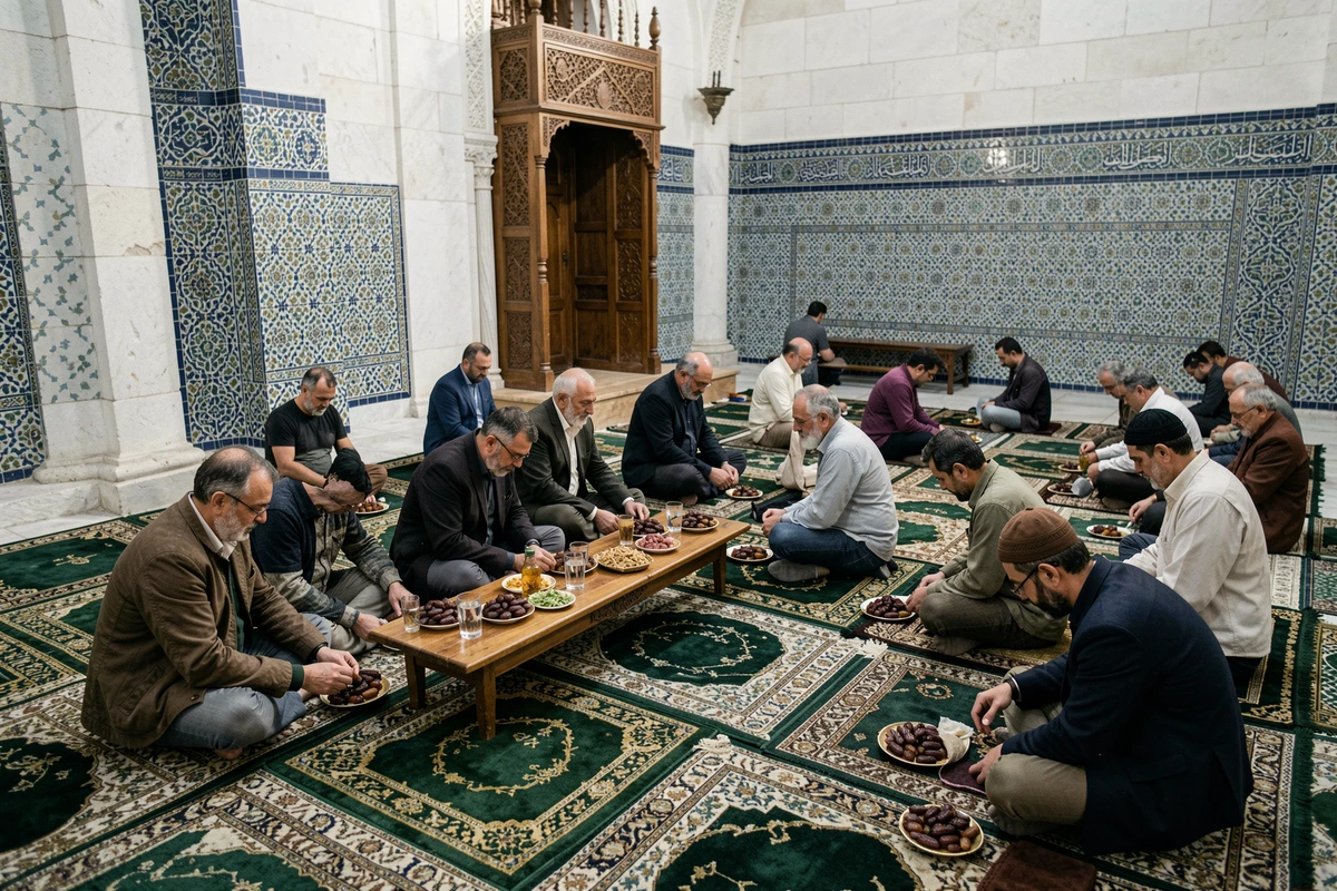 Hommes réunis dans une mosquée de Lyon autour de dattes et d'eau pour rompre le jeûne du Ramadan lors de l'iftar