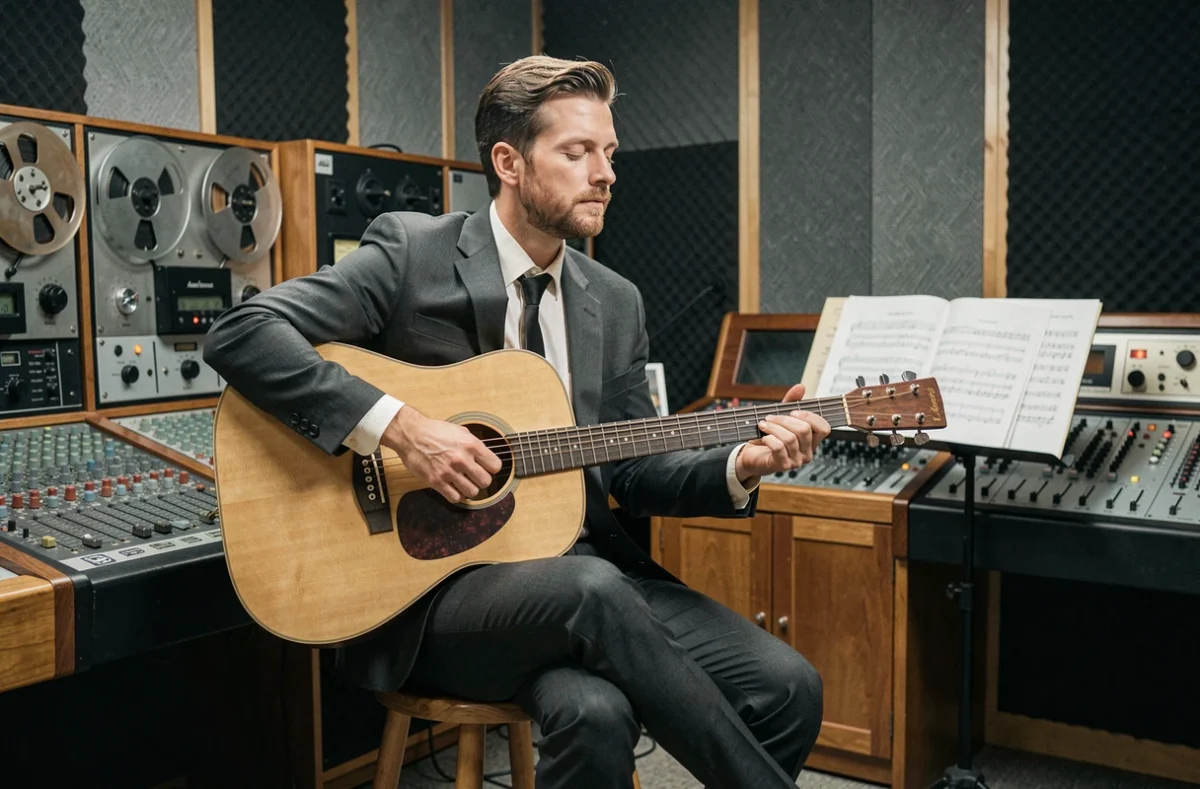 Musicien en costume années 60 jouant de la guitare acoustique dans un studio d'enregistrement vintage avec magnétophones à bobines