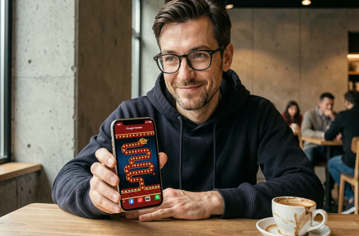 Homme découvrant un niveau bonus caché dans le jeu Google Doodle du Nouvel An chinois Année du Serpent sur smartphone