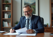 Notaire en costume bleu examinant documents immobiliers