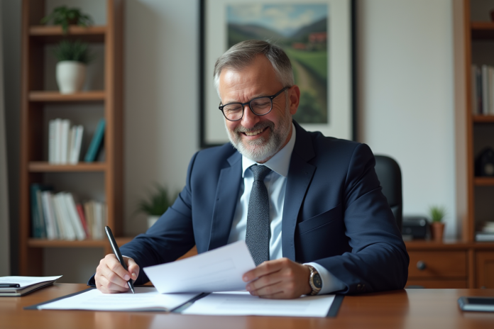 Notaire en costume bleu examinant documents immobiliers