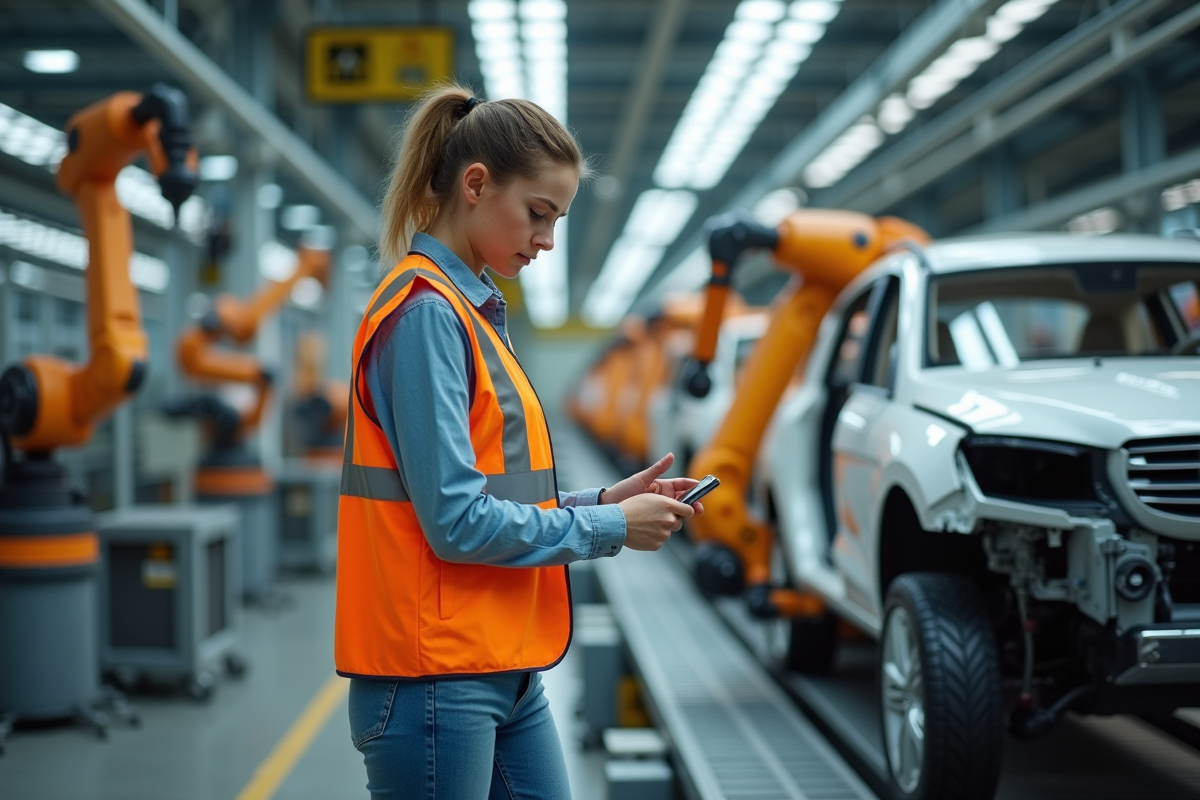 Ouvrière inspectant bras robotique dans usine automobile moderne