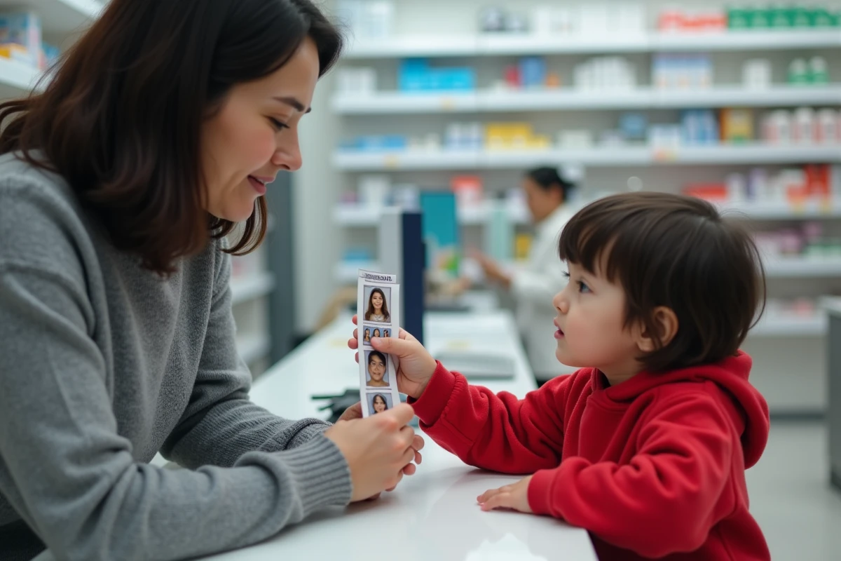 Mère et enfant examinent une planche de photos d'identité imprimée dans une pharmacie avec photomaton