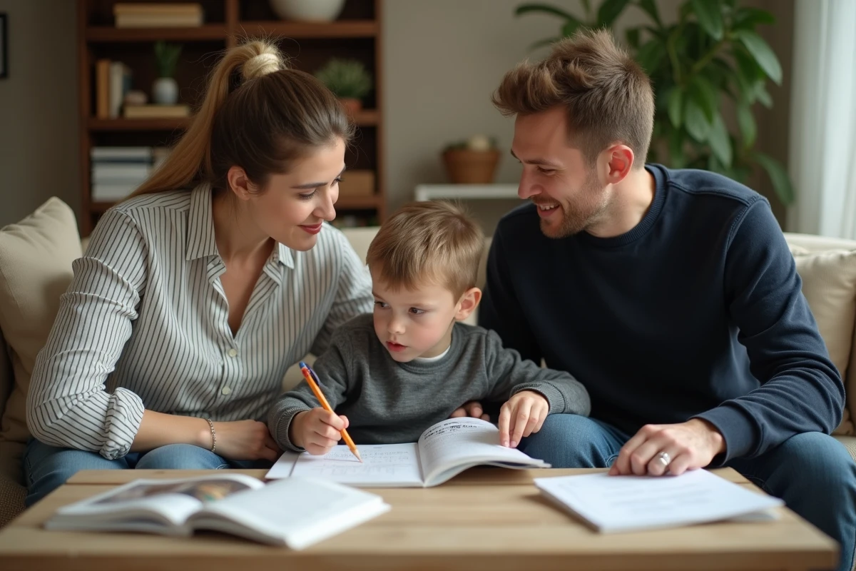 Deux parents aidant ensemble leur fils à comprendre ses devoirs dans le salon familial
