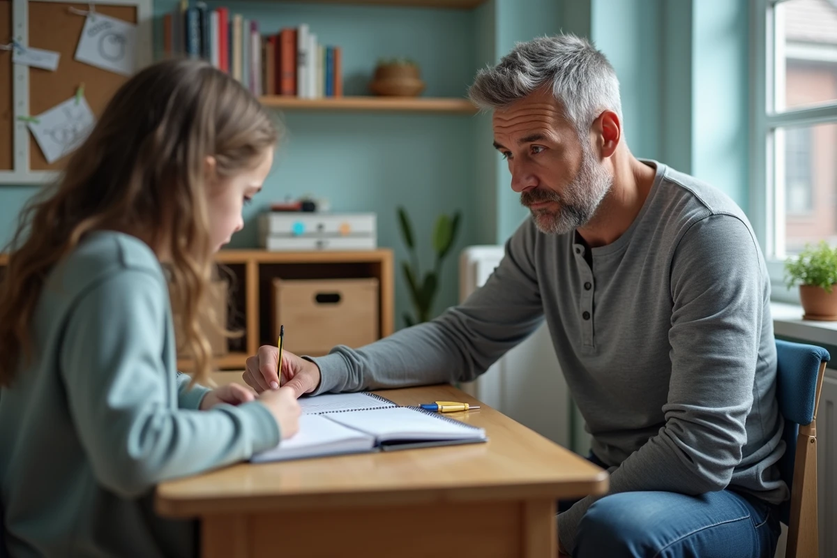 Père accompagnant sa fille dans ses devoirs d'écriture dans une chambre d'enfant colorée