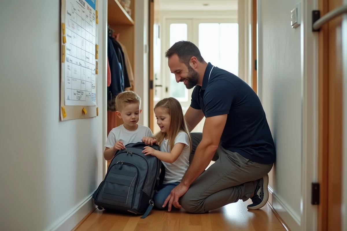 Père aidant ses enfants à préparer leurs affaires selon le planning semaine paire impaire affiché au mur