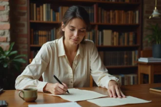 Femme personnalisant un modèle de lettre historique à son bureau avec des papiers de correspondance style napoléonien