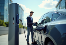 Personne branchant une voiture électrique à une station de recharge urbaine