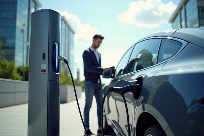 Personne branchant une voiture électrique à une station de recharge urbaine