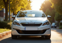 Peugeot 308 d'occasion stationnée dans une rue ensoleillée