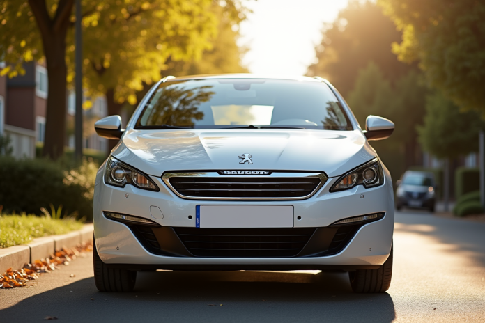 Peugeot 308 d'occasion stationnée dans une rue ensoleillée