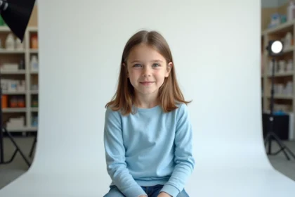 Jeune fille prenant une photo d'identité dans un studio photomaton professionnel avec fond blanc
