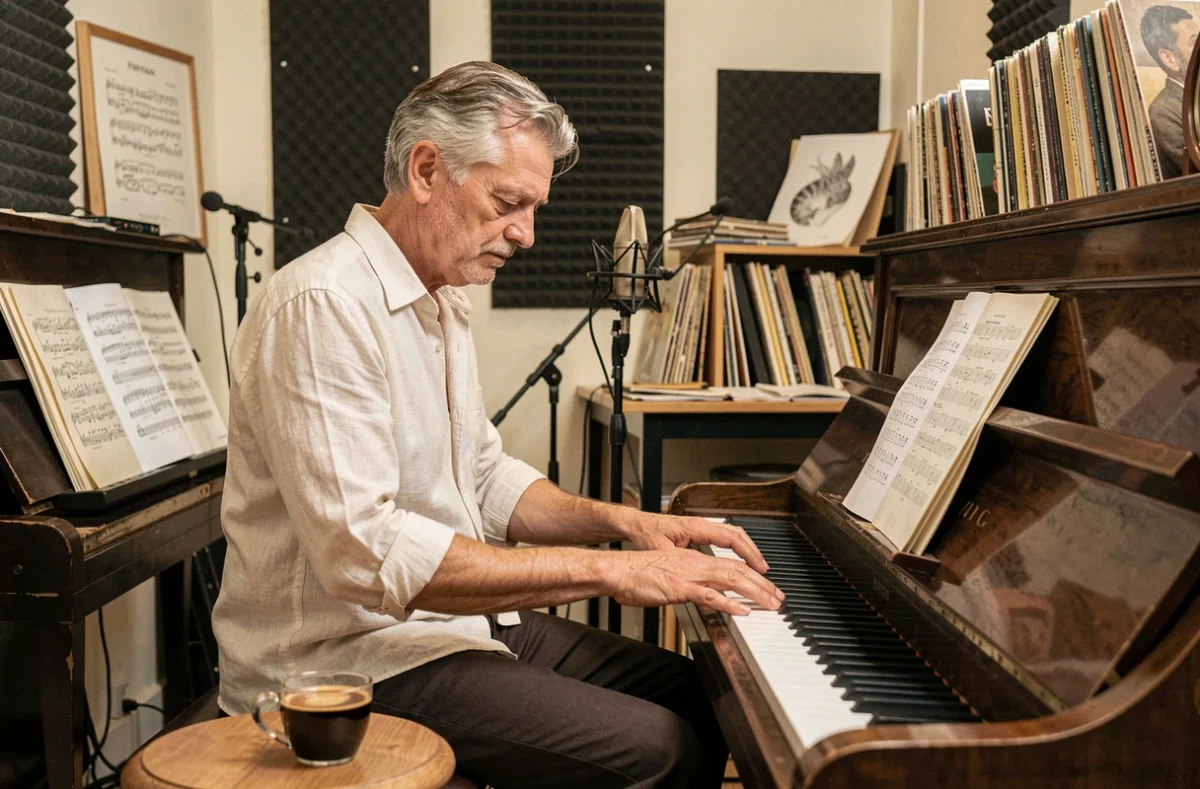 Pianiste classique français en studio d'enregistrement parisien étudiant une partition de musique classique