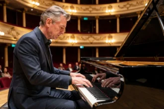 Pianiste classique français en concert sur scène dans une salle de prestige avec un piano à queue Steinway