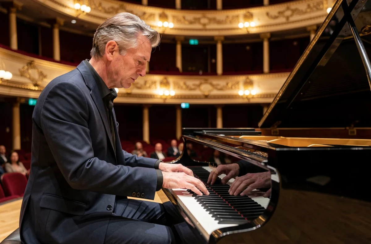 Pianiste classique français en concert sur scène dans une salle de prestige avec un piano à queue Steinway