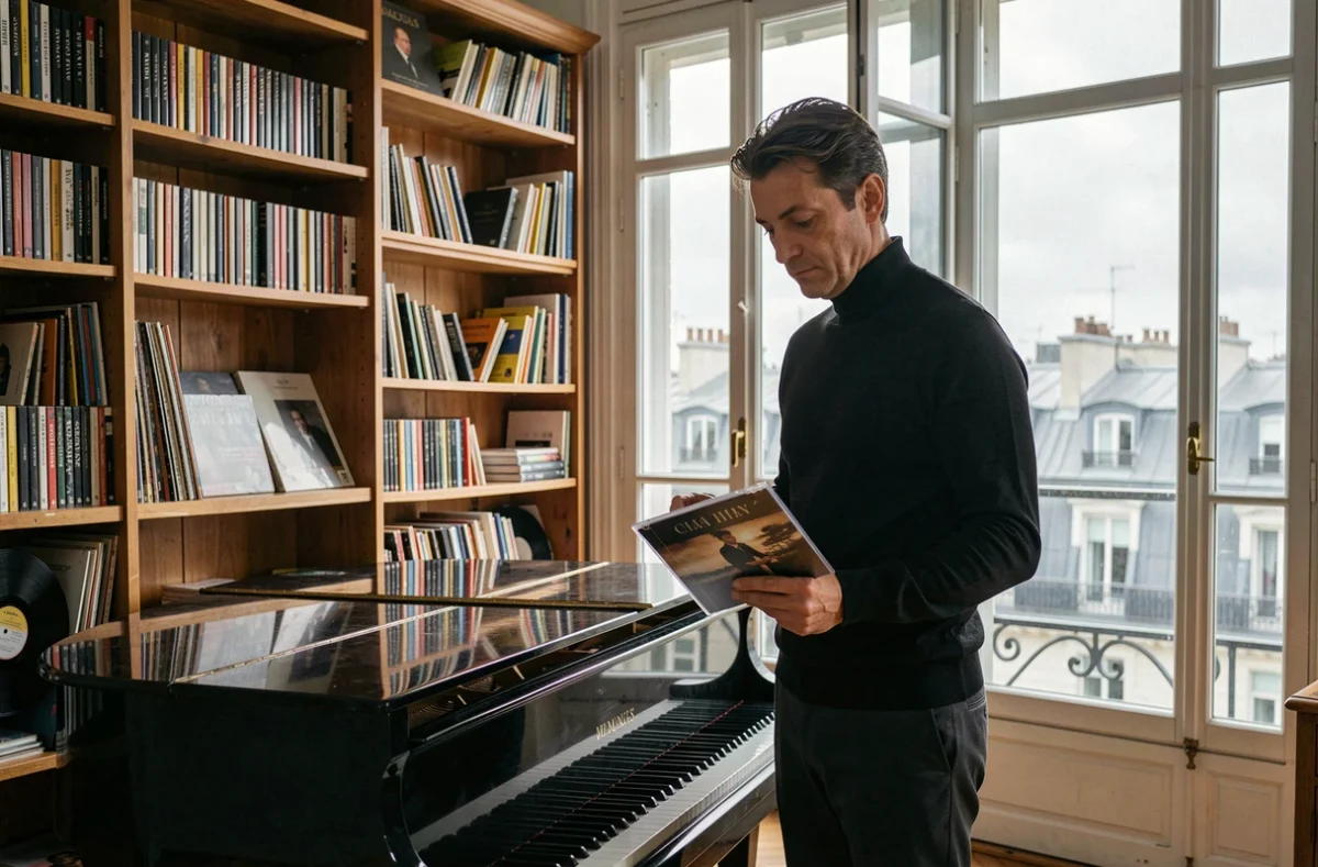 Pianiste classique français tenant un CD de musique classique dans un appartement haussmannien avec vue sur les toits de Paris