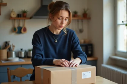 Femme préparant un colis de retour à domicile avec étiquette d'expédition La Poste sur table en bois