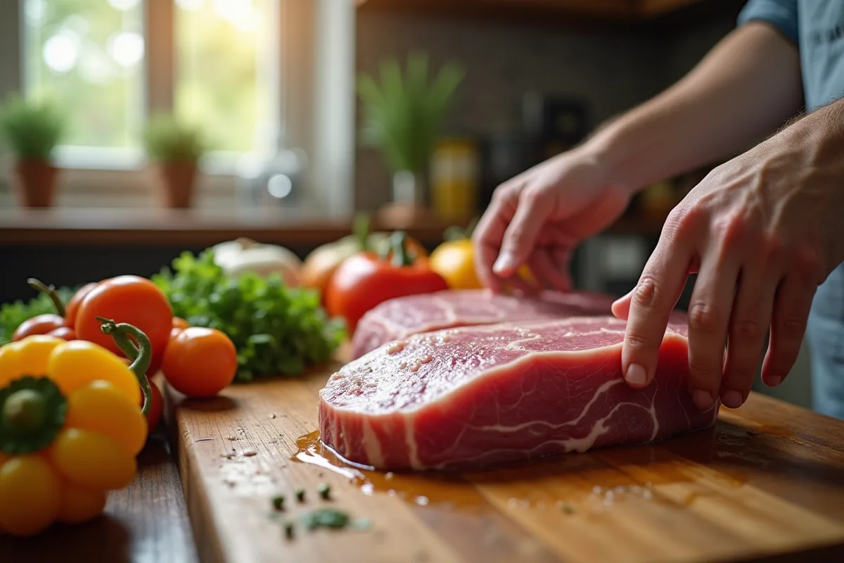 Mains disposant viande et vegetables sur un plan de travail
