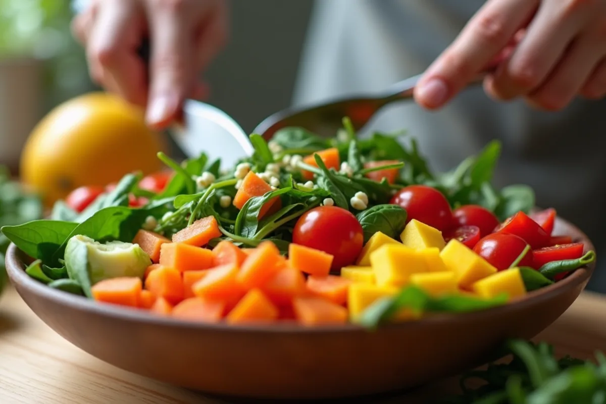 Mains préparant une salade colorée riche en vitamine A