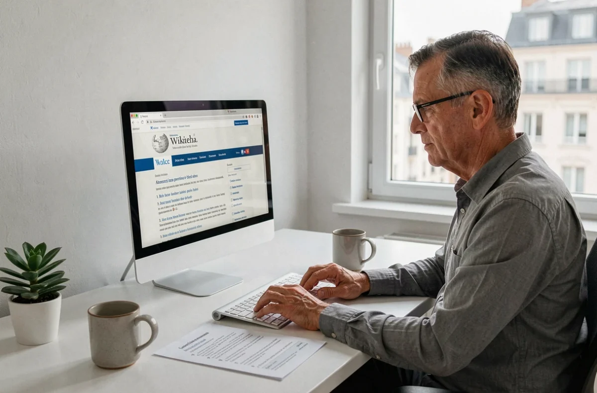 Homme adulte préparant une question sur les encyclopédies collaboratives en ligne depuis son bureau à domicile